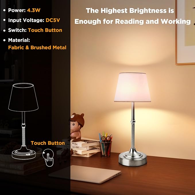 LUTEC Cordless Table Lamp, Battery Operated Lamp with 3 Color Temps and Stepless Dimming, 5200mAh Portable Rechargeable Table Lamp for Restaurant/Bedroom/Bars/Outdoor (Silver)