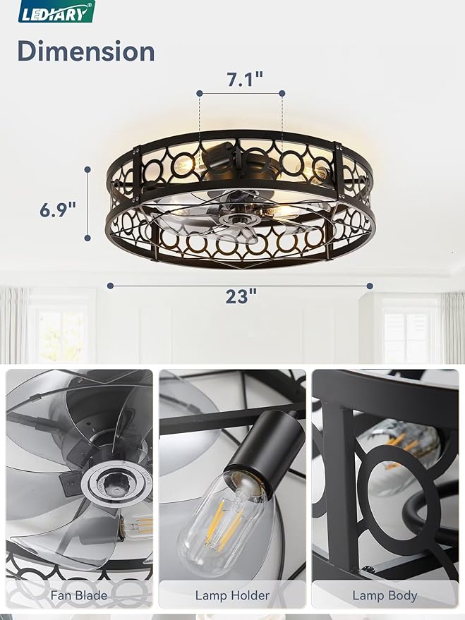 LEDIARY Caged Flush Mount Ceiling Fans with Lights, 23 Inch Farmhouse Low Profile Black Ceiling Fan with Remote, Small Bladeless Fan Lights Ceiling Fixtures for Bedroom, Kitchen- Black