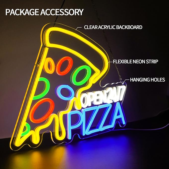 Pizza Open 24/7 Neon Sign Dimmable Food Neon Light Sign for Wall Decor Snacks Led Signs for Business Pizzeria Kitchen Restaurant Fast Food Store Dinning Room Bar Party Decor 16.5" x 12.6"