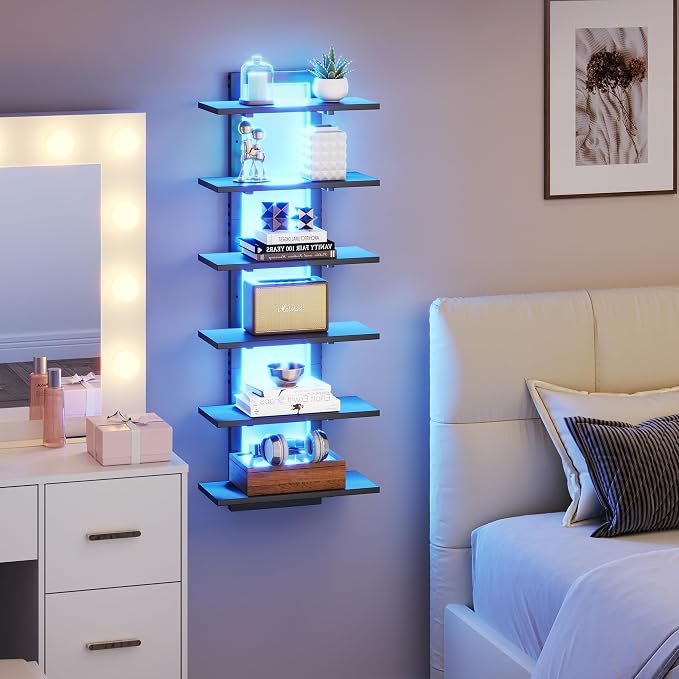 6 Tier Wall Shelf Unit Floating Shelves with LED Light, Vertical Wall Shelf, Wall Mounted Display Shelf for Living Room, Bedroom, Vanity, 15" W x 5.9" D x 43.3" H, Black