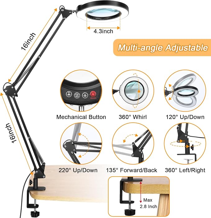 12X Large Magnifying Glass with Light and Clamp, Real Glass, 5 Color Modes, Stepless Dimmable, 2 x 16 Inch Adjustable Swing Arm Stand Desk Lamp, LED Lighted Magnifier Hands Free for Close Work, Hobby