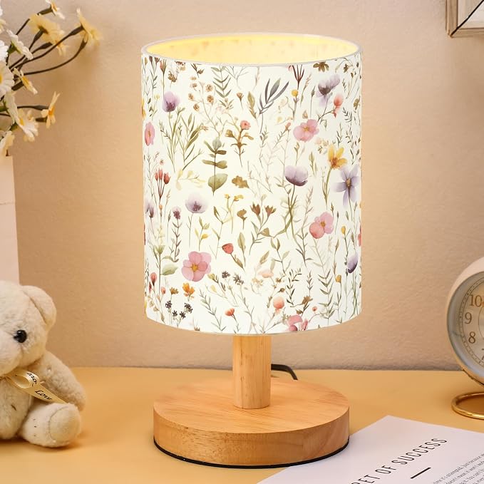 Wildflower Kids Table Lamp for Bedroom Kids Bedside Lamp with Linen Wooden Nightstand Cartoon Nursery Lampshade for Girls Boys Living Room
