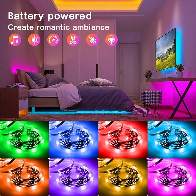 2x16.4Ft (32.8Ft) Battery Powered Led Strip Lights Two Sets of Strip Light | 4 AA Battery Box/USB RGB LED Lights, Remote and APP Control