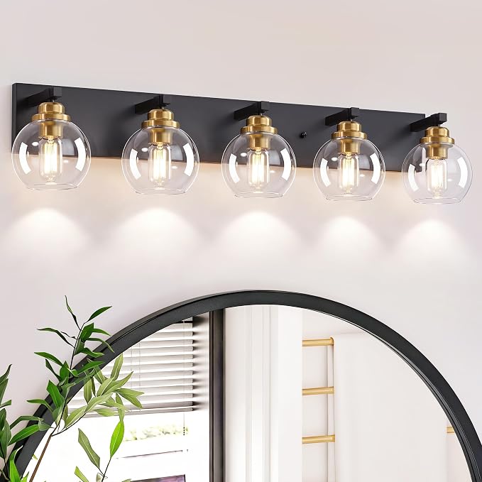 LmnLvn Bathroom Light Fixtures, Farmhouse Black & Gold Metal with Globe | 5-Light Rustic Vanity Lights,Easy To Install, Mounted Over Mirror for Bathroom, Bedroom & Hallway