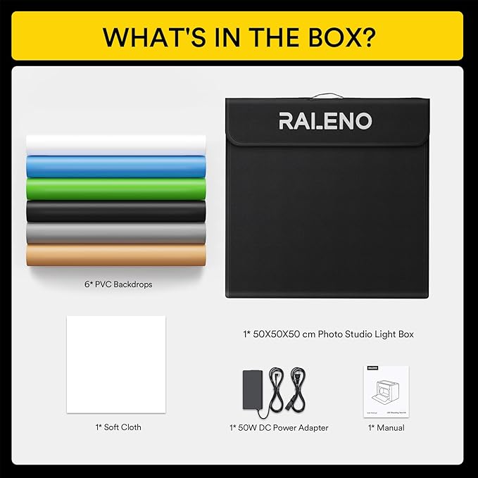 RALENO Photo Studio Light Box, 20''x20'' Photo Box, Light Box Photography (120 LEDs, 5500K, 97CRI, 50W, 6 Color PVC Backdrops) for Still Life Photography