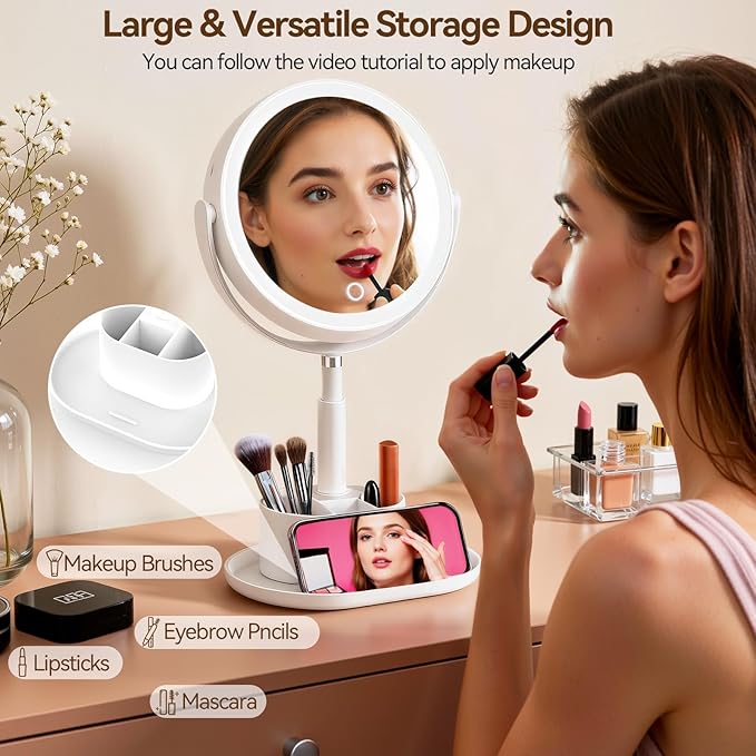 Travel Makeup Mirror with Lights, 1X/20X Lighted Makeup Vanity Mirror with Storage , 2-Sided Height Adjustable Magnifying Detachable Desk Mirror with 3 Color Lights, 360° Rotation & Rechargeable