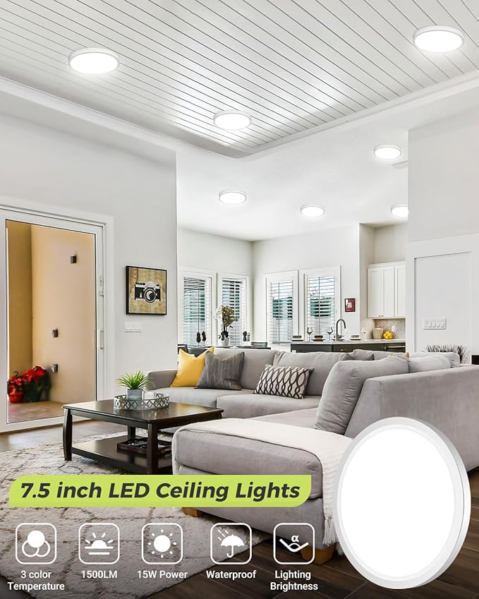 2PACK LED Flush Mount Ceiling Light, 3000K-4000K-6500K & 100W Equivalent Modern Kitchen Recessed Ceiling Lamp 15W 1500Lm 7.5 Inch for Bathroom Closet Laundry Bedroom, White