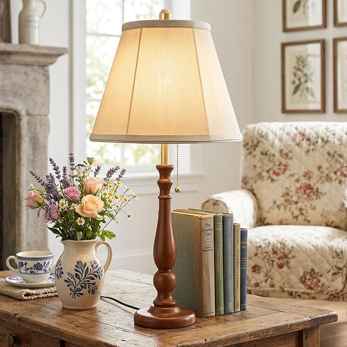 LALISU Farmhouse Table Lamps Rustic Bedroom Lamps for Living Room, 24.41" Boho Bedside Lamp with Chain Switch for Night Stands End Table Office Desk Lamp Nightstand with Linen Shades (Walnut)