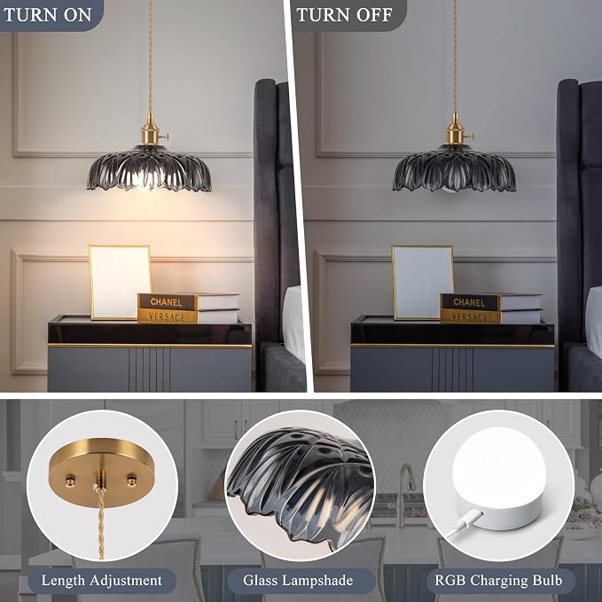 Battery Operated Pendant Light,Vintage Light Fixtures RGB Light Gray Blue 2500mAh 9.4in Modern Chandelier with Remote Control Wireless Adjustable Rechargeable Chandelier for Kitchen Island 1Light