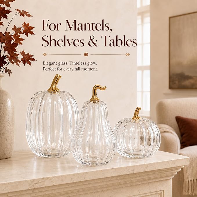 Yungyan Set of 3 Glass Pumpkin Lamp Shades Fall Decor,Clear | Pumpkin Candle Holder Rustic Thanksgiving Halloween Autumn Mantel Table Centerpiece Home Decoration, Lights Not Included