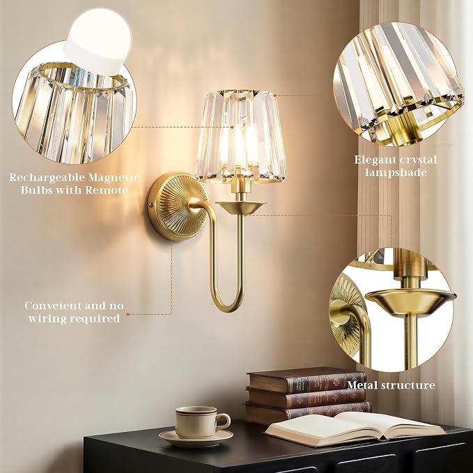 Brass Battery Operated Wall Sconces Set of Two, Crystal Wireless Rechargeable Wall Lights with Remote, Dimmable 3 CCT and 12 RGB Cordless Wall Lamps for Bedroom Living Room Hallway Decor