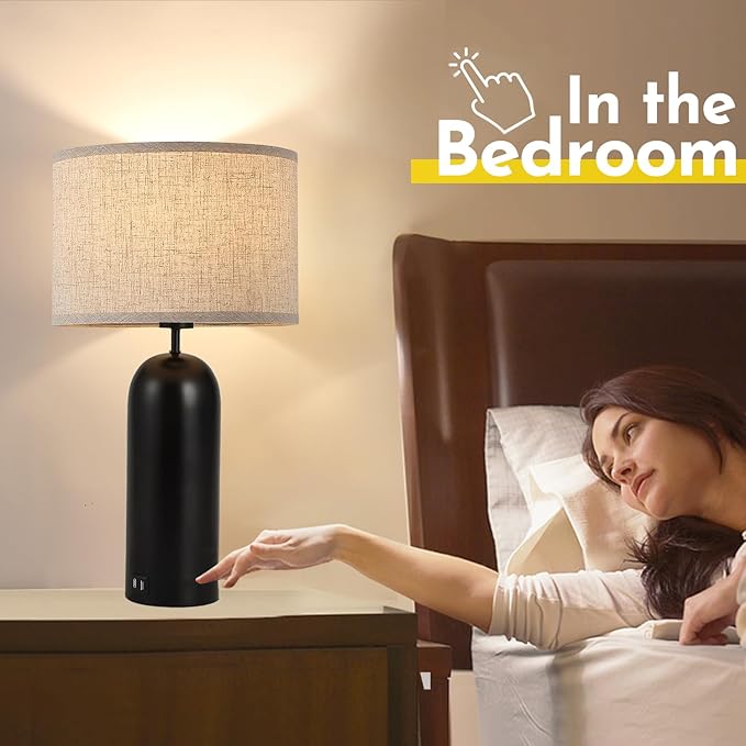 Black&Cream Table Lamps Set of 2 - 3-Way Dimmable with USB A+C Ports - Modern End Table Lamps for Living Room & Bedroom - 22inch