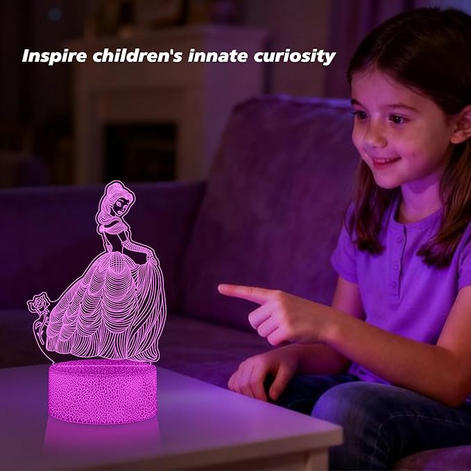 Princess 3D Night Light with Remote - 3 in 1 Interchangeable Acrylic Panels, 16 RGB Colors 4 Modes, USB/Battery(Not Included), Christmas Gift for Girls, Princess Bedroom Decor