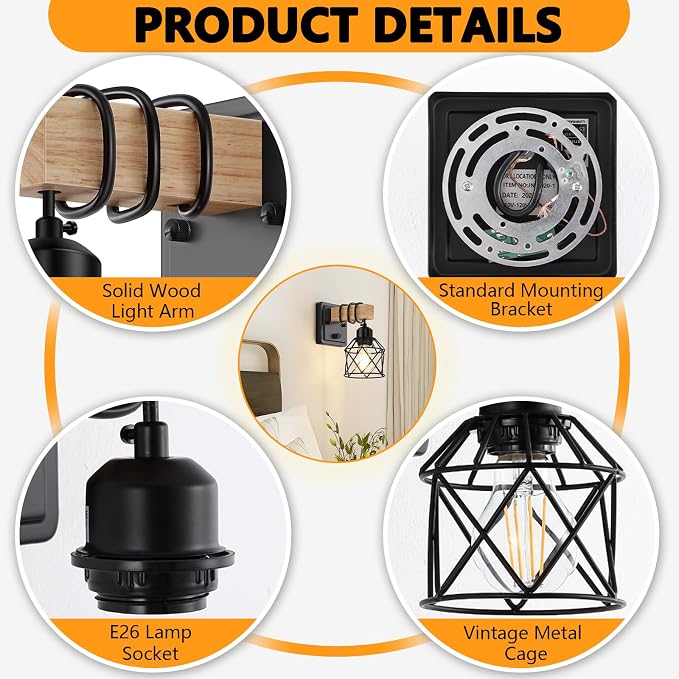 FadimiKoo Dimmable Wall Sconces Set of Two, Bedside Wall Mounted Lamp with Rotary Switch, Wooden Black Bathroom Light Fixtures with Metal Cage, Hardwired Farmhouse Wall Lights for Bedroom, Living Room
