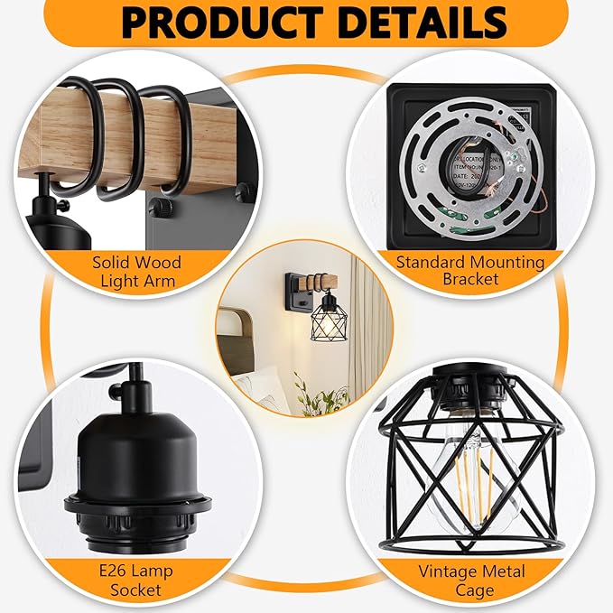 FadimiKoo Farmhouse Wall Sconces 4 Pack, Bedside Wall Lamps with Dimmer ON/Off Switch, Black Wall Light Fixtures with Metal Cage, Rustic Wooden Sconces Wall Lighting for Living Room, Hallway, Bathroom