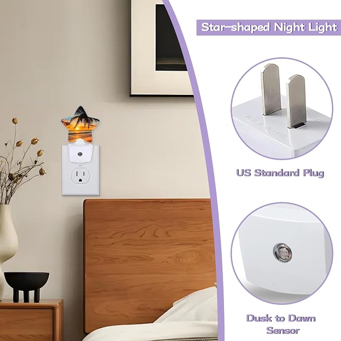 Beach Palm Trees Night Lights Plug Into Wall,Beautiful Sunset Dusk to Dawn Light Sensor Night Light for Kids,Energy Efficient Sleep Friendly Lamp for Bedroom Bathroom Nursery