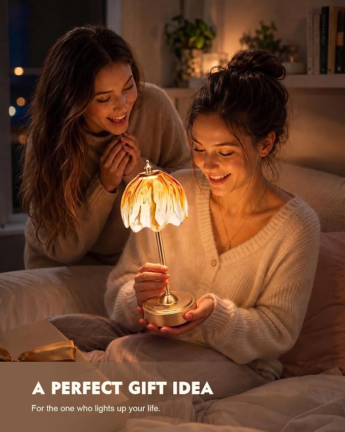 Nusogon Cordless Flower Table Lamp, 5200mAh Small Rechargeable Touch Lamp | 3 Color & Stepless Dimming, Amber Gradient Glass Desk Lamp for Bedroom, Office, Kitchen, Nightstand, Room Decor