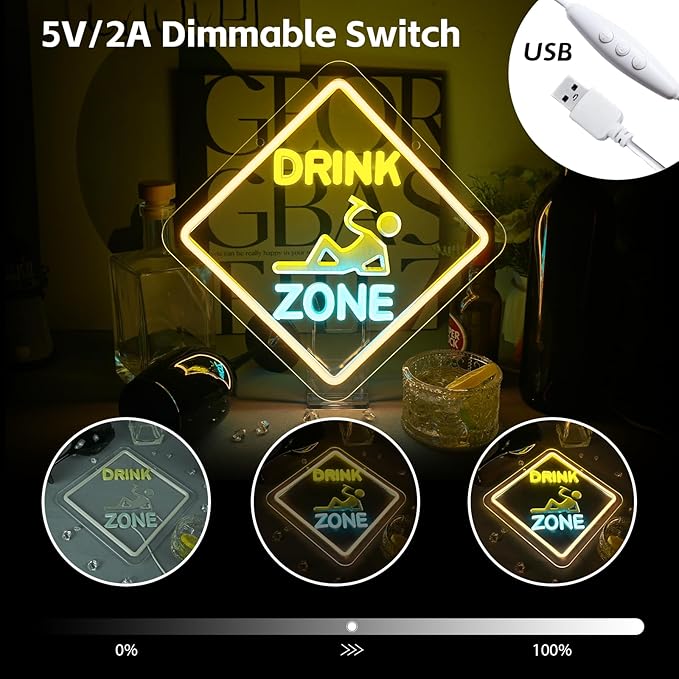Looklight Bar Led Sign Drink Zone Neon Sign Neon Signs for Wall Decor Led Lights Wine Decor Drinks Sign for Pub Man Cave Club Party Home Bar Decorations