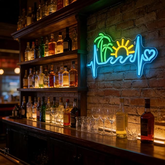 Sunset Neon Sign Dimmable Tropical Neon Light Tiki Bar Living Room Decor | Dimmable Ocean Wave and Palm Tree Theme Decor for Bedroom Patio Bar Party Beach House Tropical Style and Summer Gift Ideas