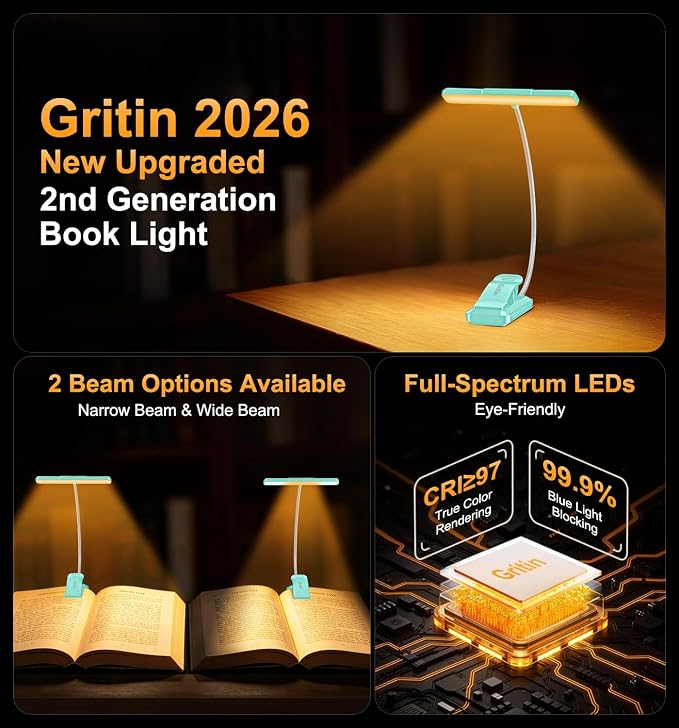 Gritin 2026 Gen 2 Book Light for Reading- 32 Eye Caring Full Spectrum LED | 5 Colors & 5 Brightness, Adjustable Wide/Narrow Beam, Upgrade 1500mAh Long-Lasting Rechargeable Clip on Light-Blue