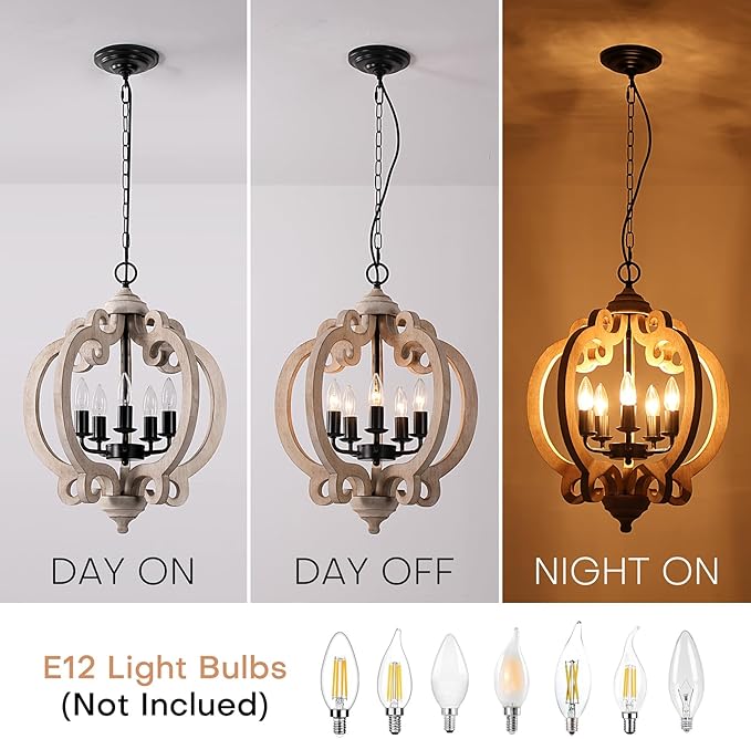 5-Light White Farmhouse Wood Chandelier, Rustic Dining Room Light Fixture with Adjustable Chain, Easy Assembly for Kitchen Island, Bedroom, Entryway, Living Room