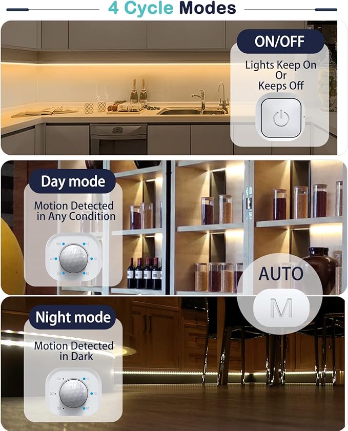 Motion Sensor Led Light Strip - with UL FCC Plug Adapter, Multi-Functional Controller, Dimmer, Timer, Under Cabinet Lights for Indoor Kitchen Stair Showcase Bedroom Corridor Counter 16.4ft Warm White.