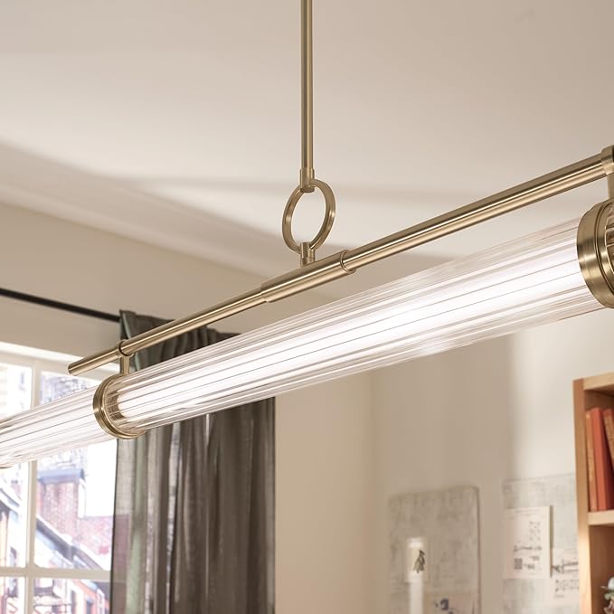Kichler Riven LED 1-Light Linear Chandelier with Clear Fluted Glass in Champagne Bronze, Sloped Ceiling Compatible, for Kitchen or Dining Room (9.5" x 8" x 60.25"), 52754CPZLED
