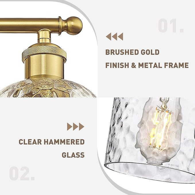 zeyu 27'' Modern Vanity Lights Over Mirror, 4-Light Brushed Gold Wall Light for Mirror Bedroom, Brushed Gold Finish with Clear Hammered Glass, ZJF63B-4W BG