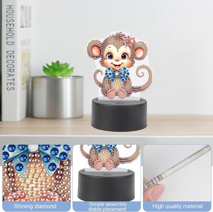 JISHSHAY Diamond Painting Night Light Diamond Art Table Lamps Gem Art LED Lights Gem Painting Desk Lamp Mosaic Kits for Adults DIY Kits for Adults Paint by Numbers,with Special Shaped Crystal,Monkey