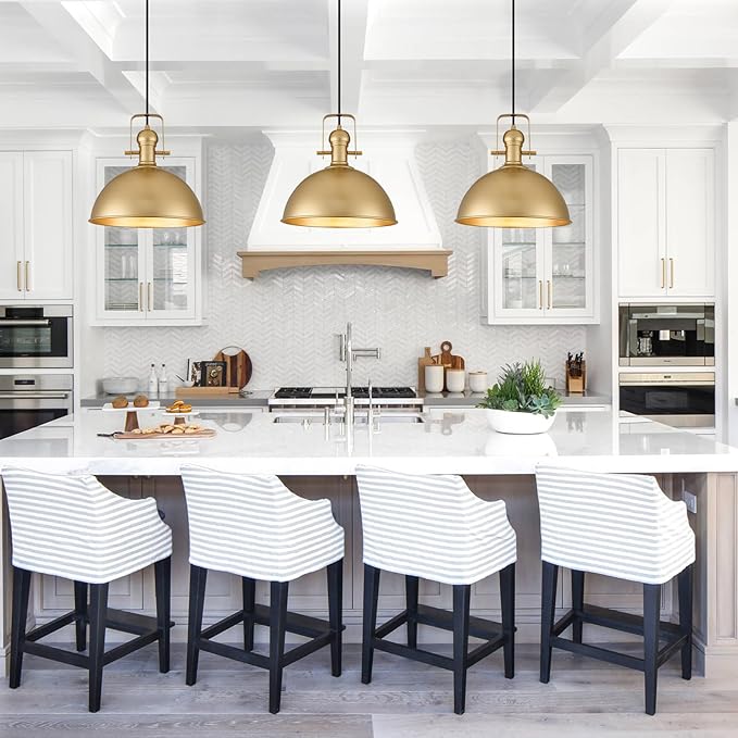 12 Inch Gold Farmhouse Pendant Lights Matte Pendant Lights for Kitchen Island Industrial Adjustable Height Vintage Dome Hanging Light Fixtures for Barn, Dining Room 1 Pack