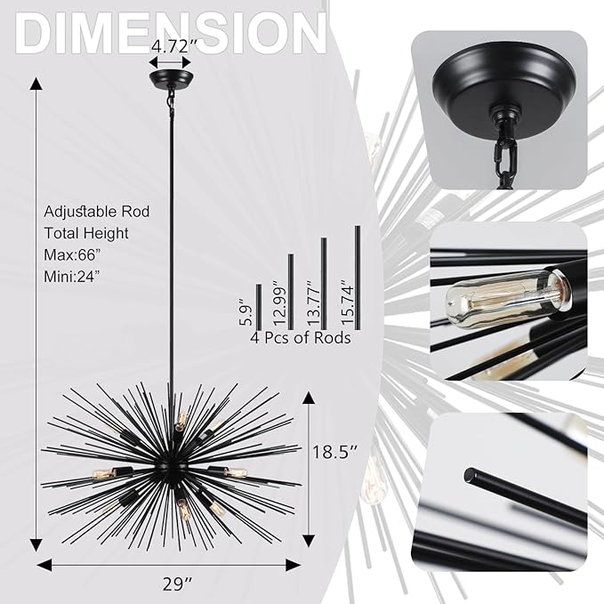 29" Vintage Black Sputnik Chandelier 9-Lights Large Starburst Chandelier with Adjust Rod Rustic Solid Metal Sputnik Satellite Chandeliers for Dining Room, Kitchen, Living Room, Foyer, E12