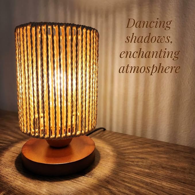 Small Rattan Table Lamp for Bedroom, Boho Bedside Lamp with Warm LED Bulb, Handwoven Wicker Nightstand Lamp for Nursery, Entryway & Dorm, Mini Ambient Night Light with Wood Base (8.6" Tall)