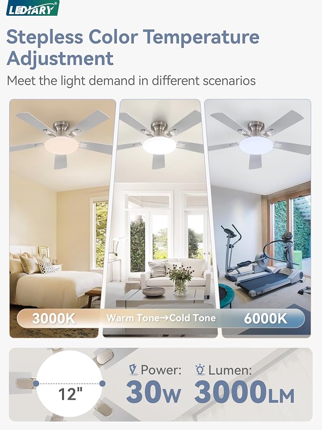 LEDIARY 42 Inch Flush Mount Ceiling Fans with Lights, Remote & APP Control | Bright Light, 3CCT, Dimmable, Memory Function, Timer, Reversible Blade, Quiet DC Motor, Damp-Rated, Bedroom, Covered Patio