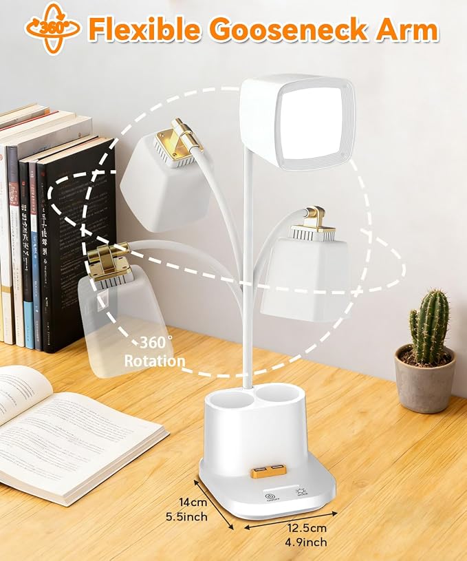 LED Desk Lamps for Home Office with Charger, Organizer, Desk Light Table Lamp for Bedroom, Study, Reading, Work, Nail, Gooseneck Small Desk Lamp for Artist, Puzzle, Drawing, Eye-Caring LED Office Lamp