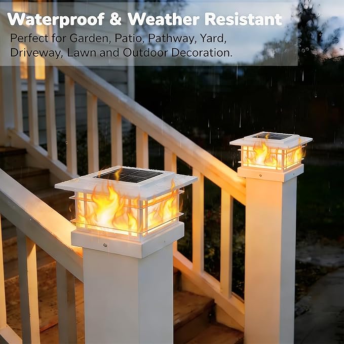 Dynaming 4x4 Solar Post Cap Lights Outdoor with Flickering Flame Light, 12 Pack White Shell Fence Post Solar Lights Fit Vinyl/Wooden Posts, Brightness LED Lighting Decor for Garden Deck Patio