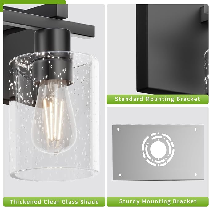 5-Light 37inch Black Vanity Light, Thickened Seeded Glass Shade | Over Mirror for Bathroom, Rust Resistant, E26 Base, Easy Install, Removable Glass Shade Horizontal Mount, Dimmable