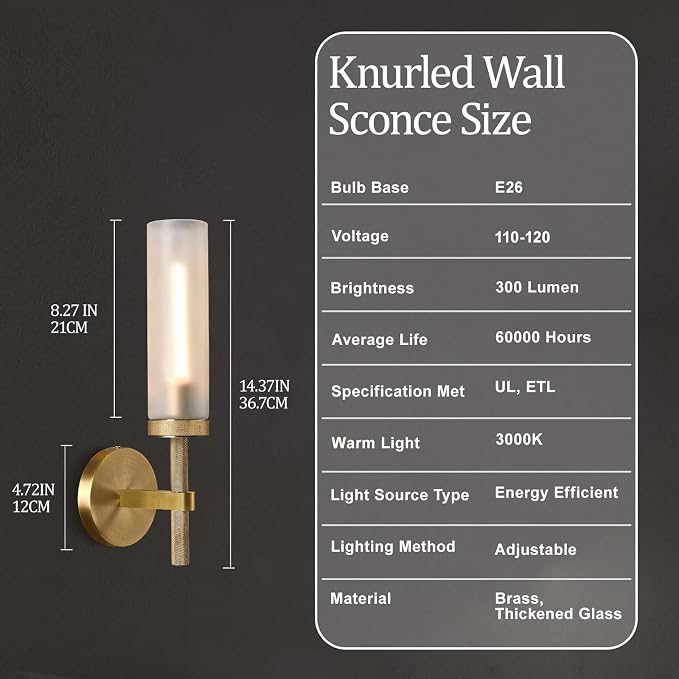 15" Knurled Brass Bathroom Wall Sconces,Frosted Glass Tube Brass Sconces Wall Lighting,Handmade Modern Hardwired Wall Sconce for Vanity,Mirror,Bedroom,Living Room,Hallway