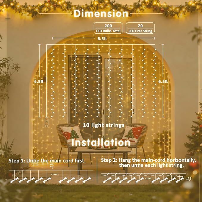 JMEXSUSS USB Plug in Curtain Lights 200 LED with 8 Modes, 6.5ftx6.5ft | Remote, Warm White Curtain Fairy Lights, String Lights for Bedroom, Classroom, Dorm, Wedding, Xmas, Party Decor
