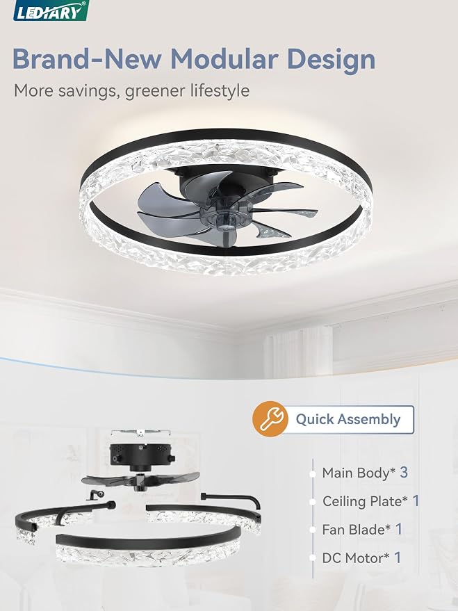 LEDIARY 20" Modern Ceiling Fans with Lights and Remote, Black Fandelier | Dimmable Low Profile, Flush Mount Ceiling Fan, Stepless Color Temperature Change, 6 Speeds, Bedroom, Living Room, Kitchen