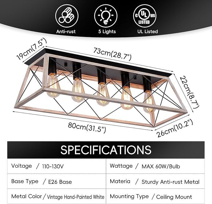 31.5" Large Flush Mount Ceiling Light Fixture, X-Shaped Metal Cage Design, Dimmable 5-Light Close to Ceiling, Farmhouse & Vintage Industrial Style, for Dining Room, Kitchen Island, Living Room