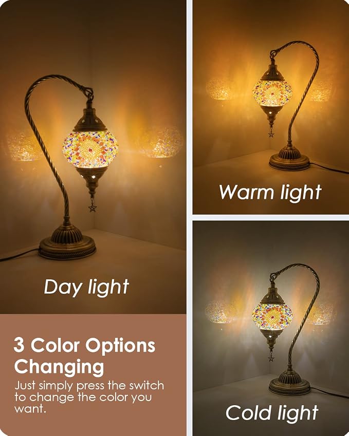 Yarra-Decor Turkish Moroccan Lamp with Bronze Base 3 Color Options Handmade Swan Neck Mosaic Glass Bedside Lamps for Bedroom (LED Bulb Included)(Orange1)