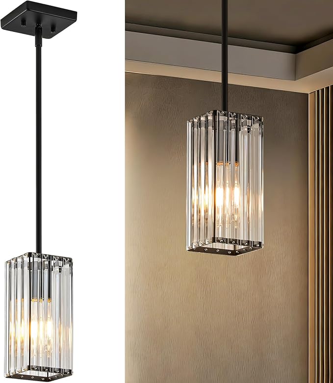 Modern Crystal Pendant Lights Kitchen Island, 1-Light Black Hanging Light with Clear Crystal Shade, Adjustable Height Pendant Lighting for Kitchen Island Dining Room Bedroom Bar Entryway