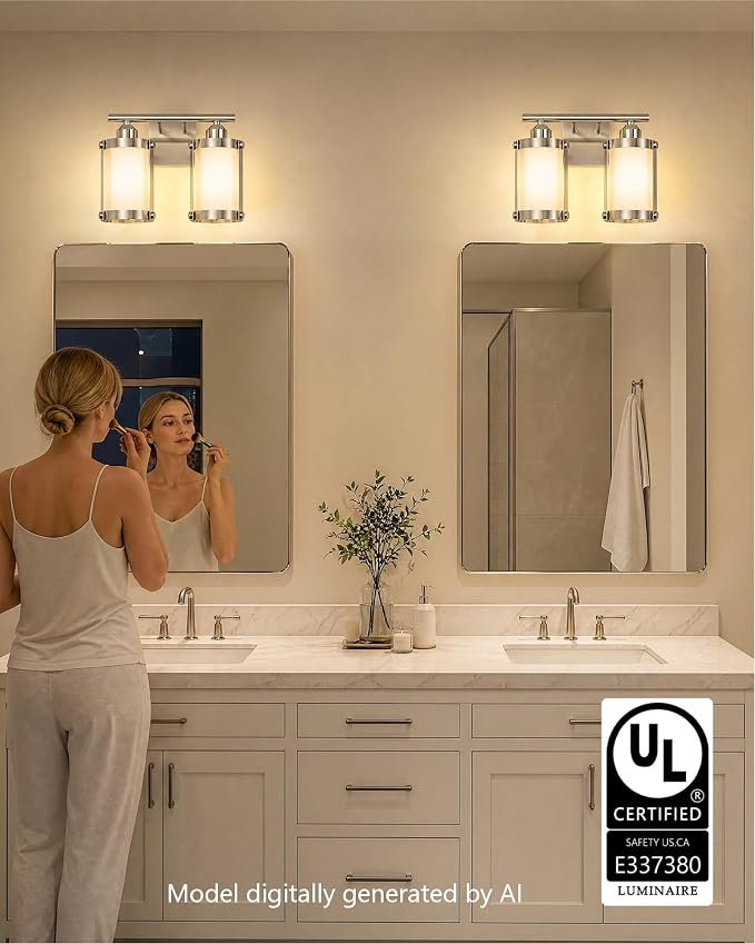 2-Light Brushed Nickel Bathroom Light Fixtures with Milk White Frosted Glass, 13.2" UL-Listed Modern Wall Sconce Over Mirror with Metal Cage for Bath, Hardwire E26, OS-3014BNW-2W