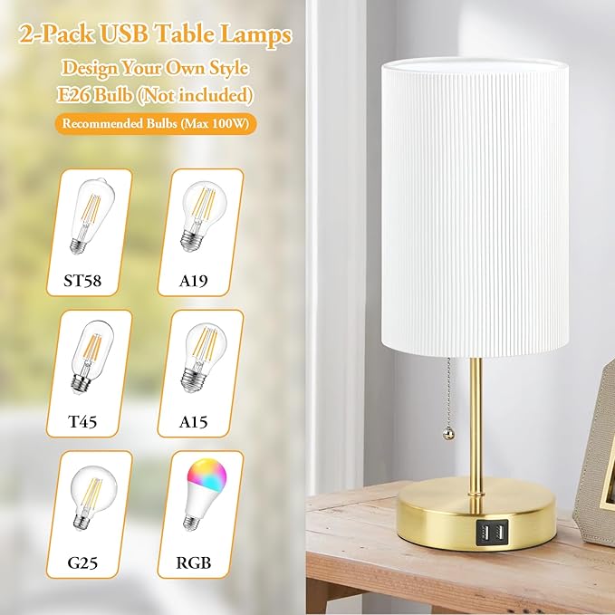 2 Sets Table Lamps with 2 USB, Minimalist Beside Lamps for Bedroom, Nightstand Lamp with Pull Chain, Desk Lamps with White Pleated Shade and Gold Metal Base for Living Room Dorm Reading Hotel