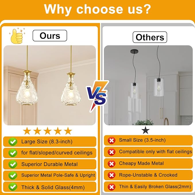 2 Pack Modern Pendant Lights Kitchen Island, Brushed Gold Pendant Light Fixtures with 8.5" Clear Hammered Glass Shade, Industrial Hanging Pendant Lights Fixture for Kitchen Island Dining Room Entryway