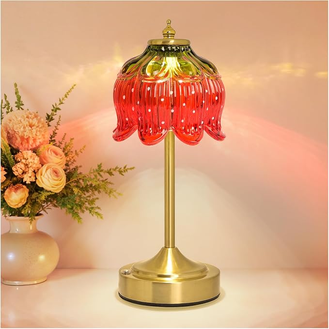 Cordless Table Lamp, Rechargeable Strawberry Glass Flower Lamp | 5200mAh touch lamp with 3 color modes and stepless dimming, battery operated lamp for nightstands and kitchen counters