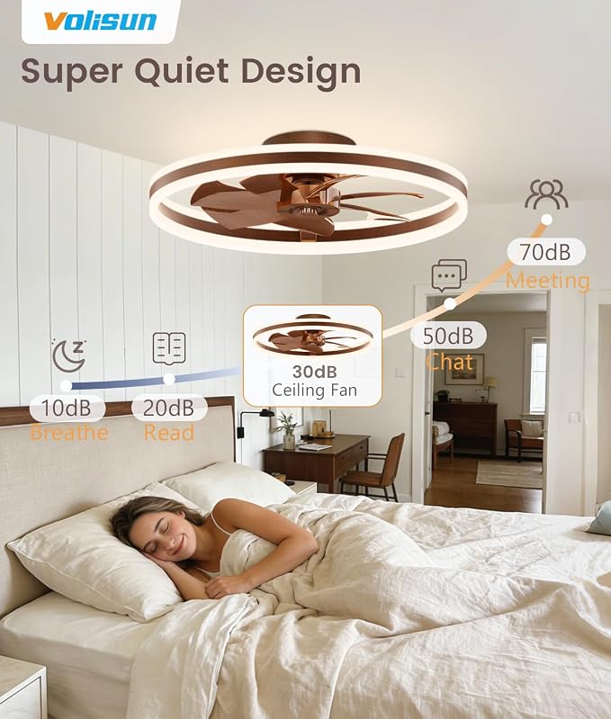 VOLISUN Low Profile Ceiling Fans with Lights and Remote, 24in Flush Mount Ceiling Fans with Light, 3000K-6500K Dimmable Fandelier LED Fan Light, Farmhouse Ceiling Fans with Lights for Bedroom