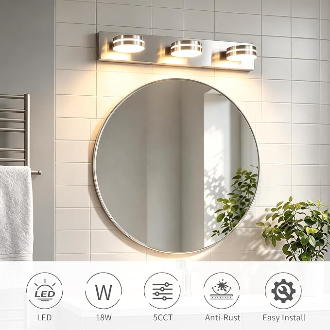 3 Light Bathroom Light Fixtures 23.62in Brushed Nickel Vanity Light | Modern Vanity Light Over Mirror with 5CCT Dimmable 360°Rotate for Makeup Vanity Table Bathroom Mirror Bedroom Living Room