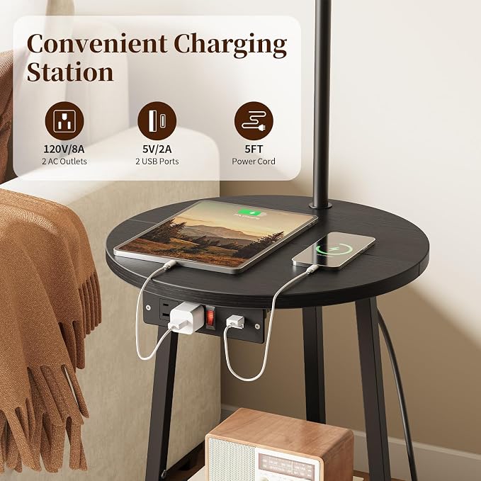 Yoobure Floor Lamp with Table - Farmhouse Night Stand with Charging Station | Side Table with Floor Lamps for Living Room, Bedroom, End Table with Lamp Attached 3 Color Temperatures Bulb, 2 Tier Shelves
