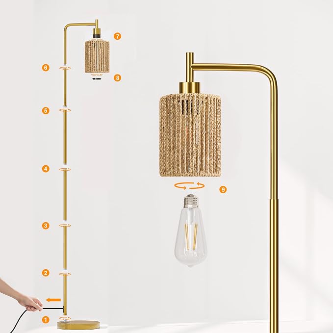 66" Gold Floor Lamp for Living Room, Boho Floor Lamp with Remote Control and LED Bulb, Rattan Shade, Industrial Tall Farmhouse Standing Lamp for Bedroom, Dining Room, Study Room, Office